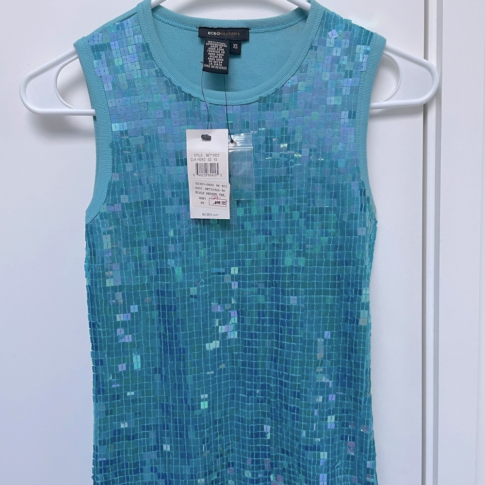 NWT Retail $98 BCBG Cotton Sequin Tank Top XS Aqua Paillettes